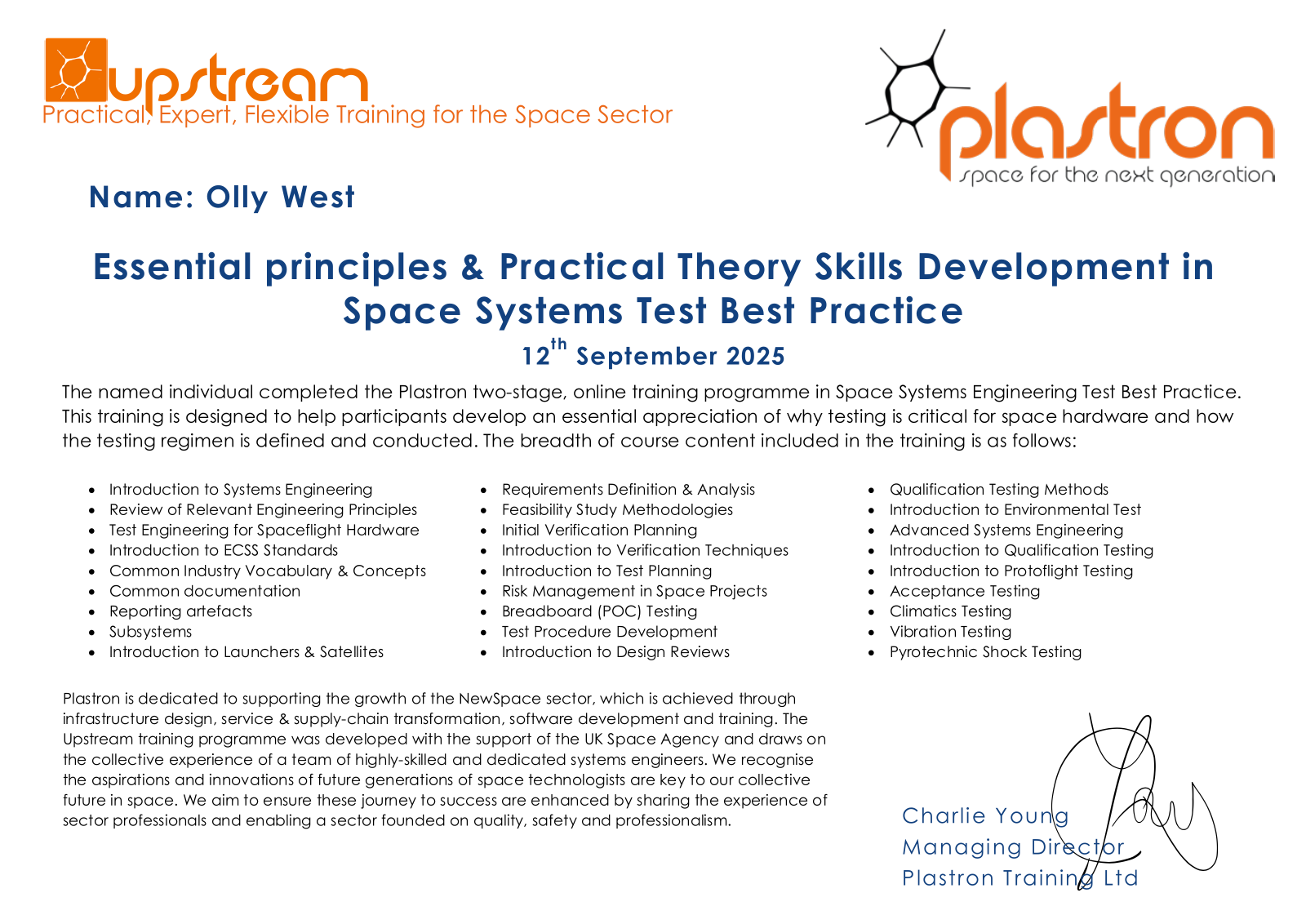 Space Systems Engineering certificate awarded to Olly West by Upstream and Plastron