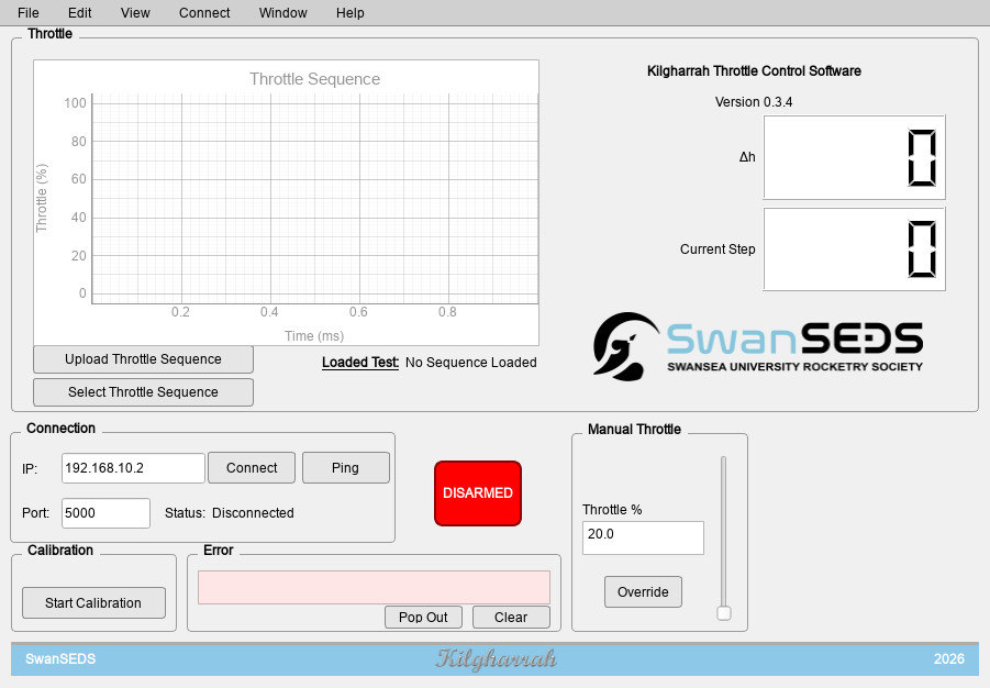 SwanSEDS Kilgharrah throttle control software interface